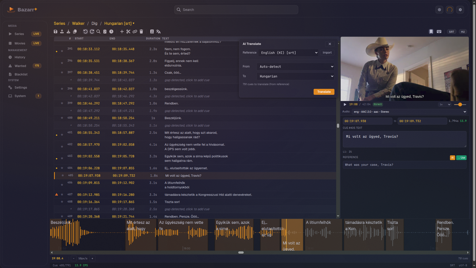 Subtitle editor showing video preview, waveform timeline, and AI translation panel