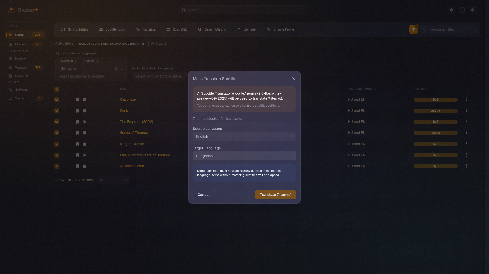 Mass Translate dialog showing source and target language selection with 7 items queued for AI translation