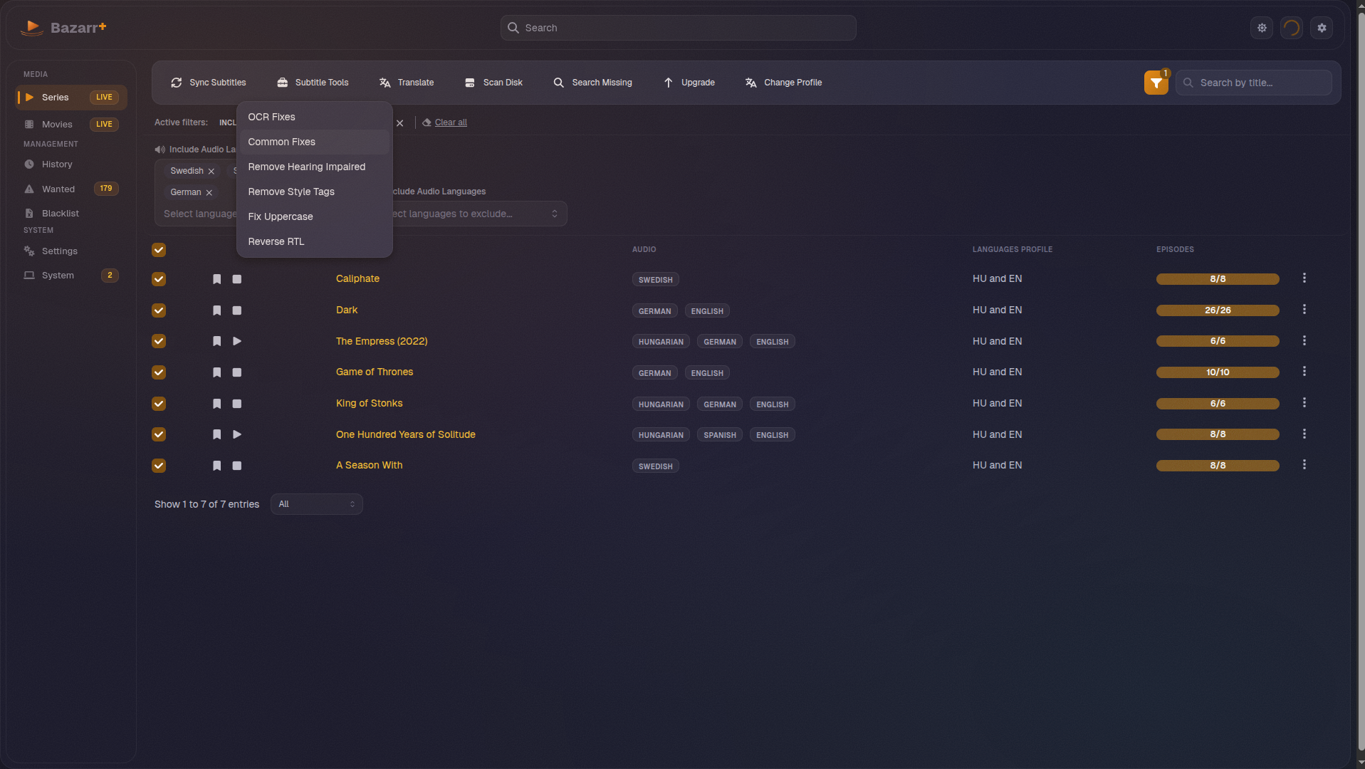 Series page showing batch action toolbar with checkboxes for selecting episodes and bulk operation controls
