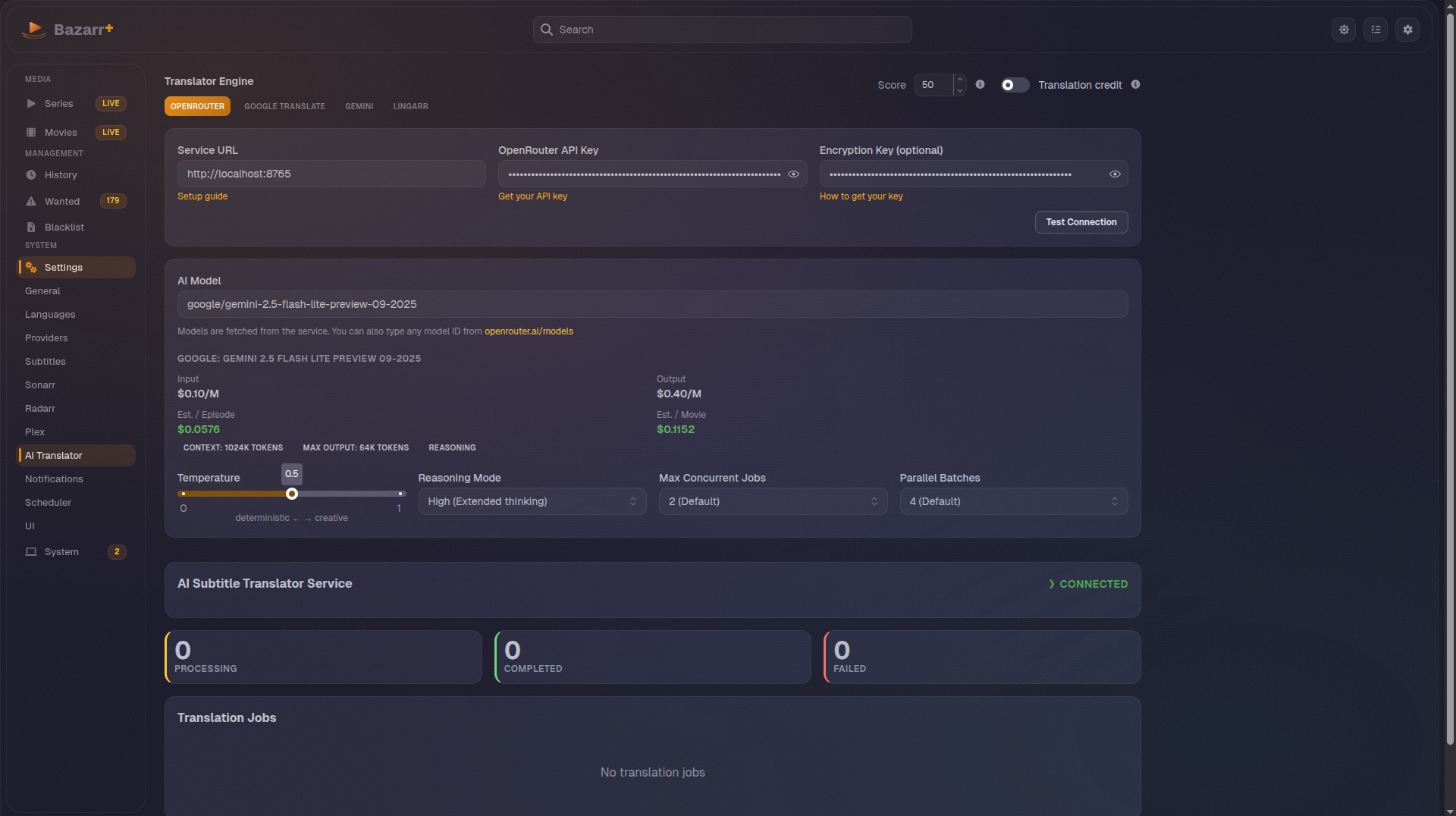 AI Translator settings page showing model selection, temperature controls, and translation job queue with status indicators