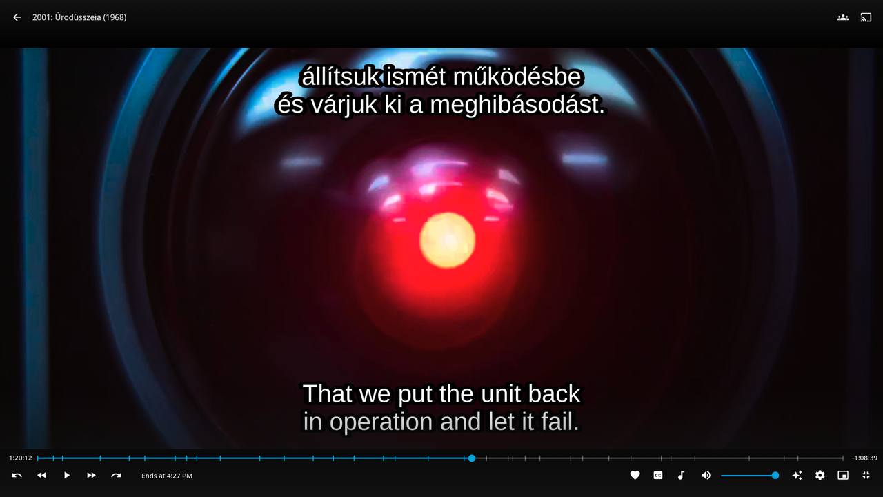 A film playing in Jellyfin with a combined bilingual subtitle: Hungarian on the top line and English on the bottom line, composed by Bazarr+ as a single ASS file