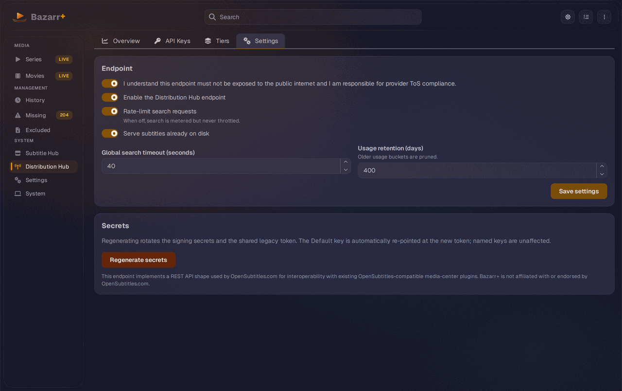 Distribution Hub Settings tab with the endpoint consent and enable switches, search rate-limit toggle, global timeout, usage retention, regenerate secrets button, and OpenSubtitles affiliation disclaimer