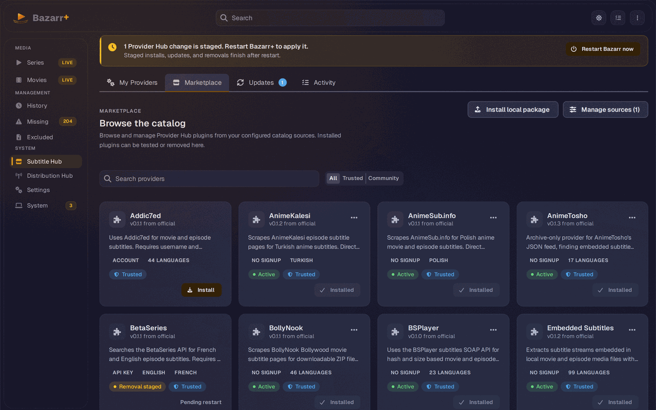 Provider Hub Marketplace grid of installable subtitle provider plugins with Trusted, Active, and Installed badges