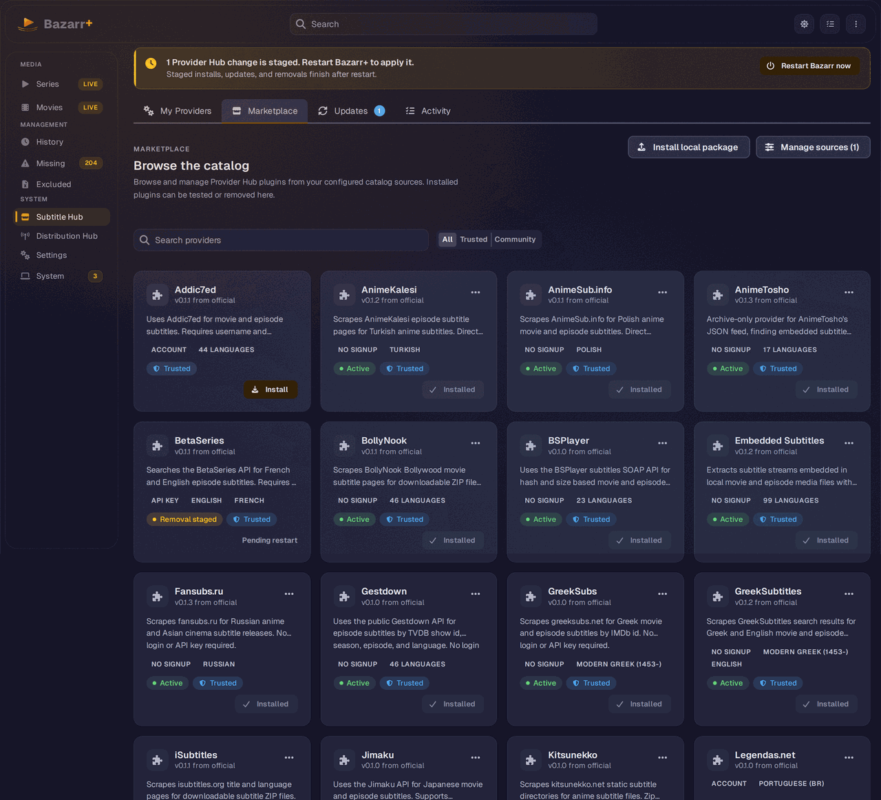 Subtitle Hub Marketplace tab browsing the catalog, with provider cards showing Trusted, Active, and Installed badges, a search box, an All Trusted Community filter, and Install buttons