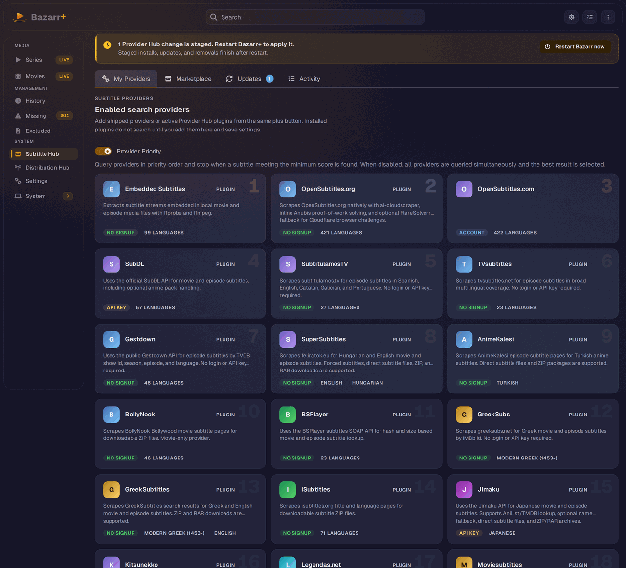 Subtitle Hub My Providers tab showing the enabled search providers grid, where every enabled provider appears as a numbered PLUGIN card from startup auto-install, with a staged change restart banner at the top