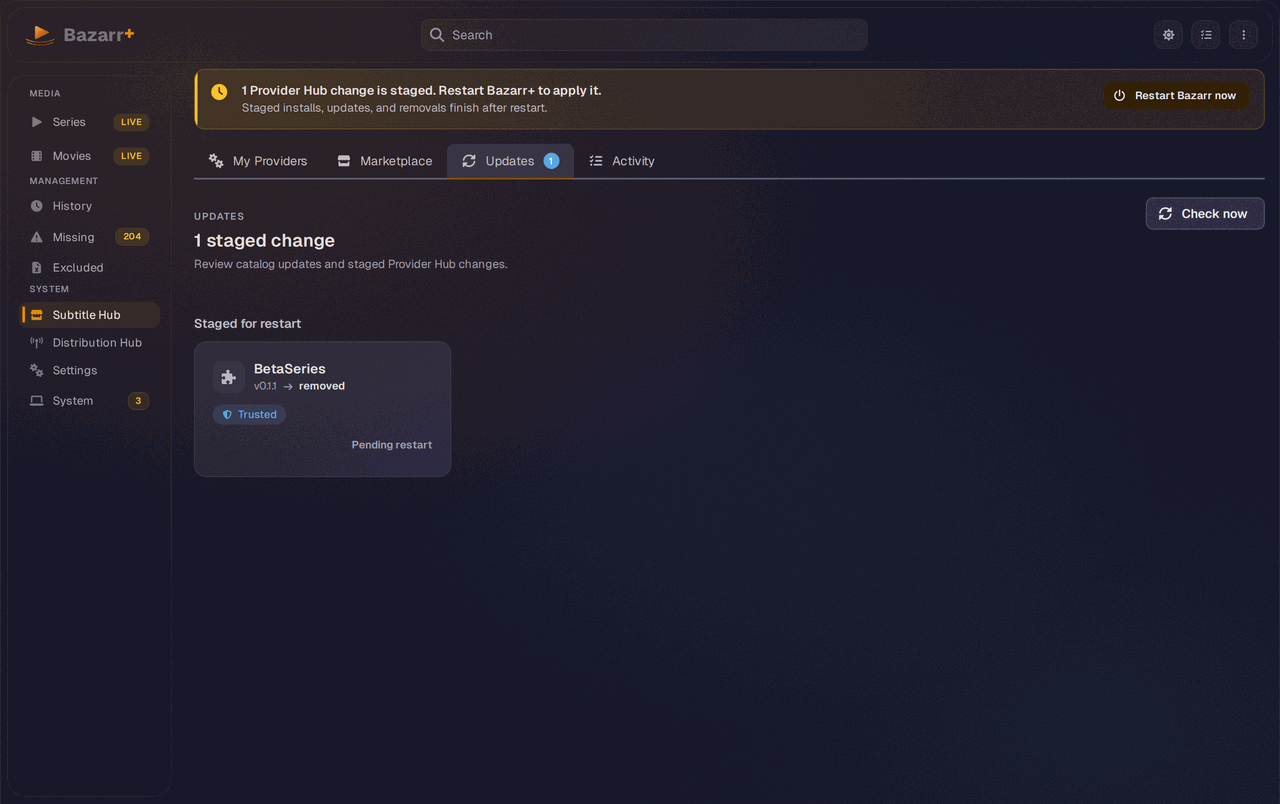 Subtitle Hub Updates tab listing pending plugin updates and staged changes that are waiting for a restart to apply