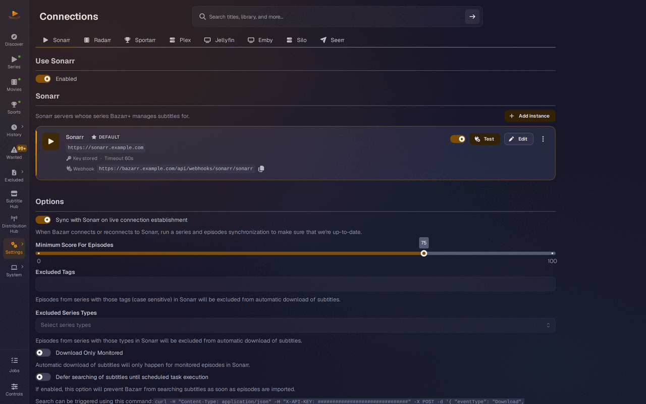 The Connections settings page with tabs for Sonarr, Radarr, Sportarr, Plex, Jellyfin, Emby, Silo and Seerr, showing a registered Sonarr server as an instance card with test, edit and enable controls