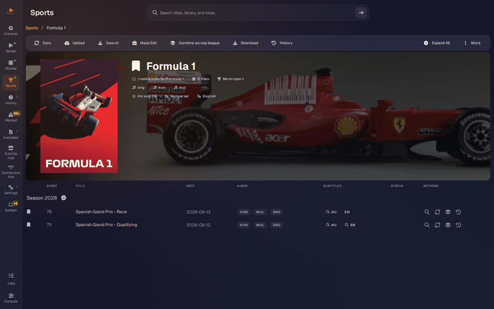 A motorsport league page in Bazarr+ listing events grouped by season, each row carrying its subtitle languages and actions